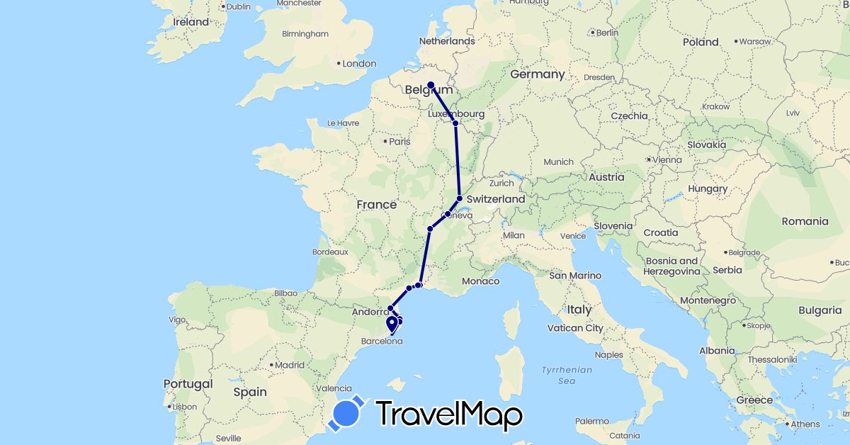TravelMap itinerary: driving in Belgium, Spain, France, Luxembourg (Europe)